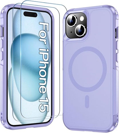 MOZOTER Magnetic for iPhone 15 Case with [2 Pcs Glass Screen Protector],[15 FT Shockproof][Compatible with Magsafe][Heavy Duty] iPhone Case for iPhone 15,Light Purple
