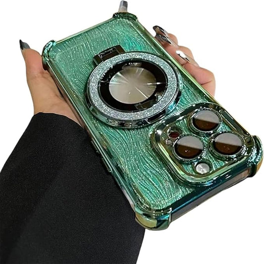 for iPhone Four Corners Airbag Drop Protection Magnetic Stand Case, Water Ripple Phone Case, for iPhone 16/15/14/13/12/11Pro Max (Green,for iPhone 16)