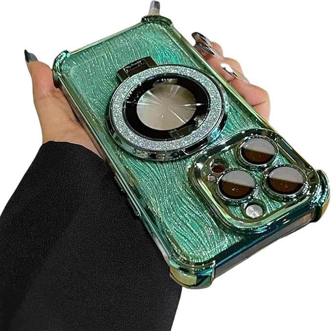 for iPhone Four Corners Airbag Drop Protection Magnetic Stand Case, Water Ripple Phone Case, for iPhone 16/15/14/13/12/11Pro Max (Green,for iPhone 16Promax)