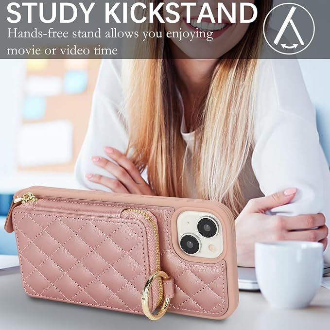 Crossbody Wallet Case for iPhone 14 Plus, PU Leather Zipper Handbag Purse Flip Cover, Kickstand Folio Case with Card Slots Holder Wrist Strap Lanyard 5G 6.7 Inch-Rose Gold