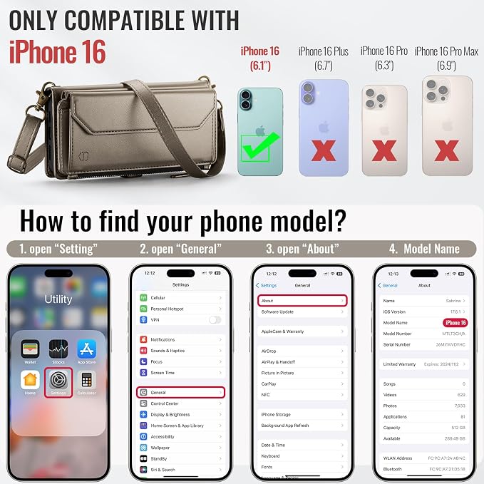 Strapurs Wallet Case Compatible with iPhone 16 6.1" RFID Blocking 7-Card Holder PU Leather Magnetic Snap Shoulder Strap Zipper Pocket Phone Case Fit for iPhone 16 for Women - Desert Titanium