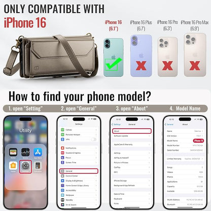 Strapurs Wallet Case Compatible with iPhone 16 6.1" RFID Blocking 7-Card Holder PU Leather Magnetic Snap Shoulder Strap Zipper Pocket Phone Case Fit for iPhone 16 for Women - Desert Titanium