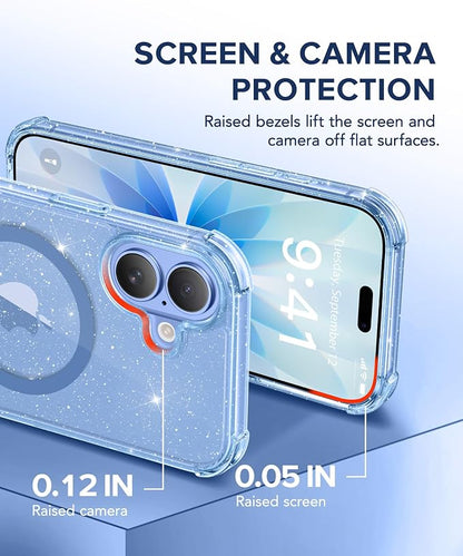 BERFY for iPhone 17 Case for Women, Clear Glitter Shockproof Protective Case, Anti-Yellowing, with Screen Protector & Camera Lens Protector 6.3", Magnetic Sparkle Blue
