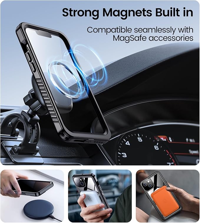 Temdan Magnetic for iPhone 13 Case Waterproof,Built-in Screen Protector[IP68 Underwater][Upgrade Military Dropproof][Compatible with MagSafe] Full Body Shockproof for Phone Case 6.1'' Black