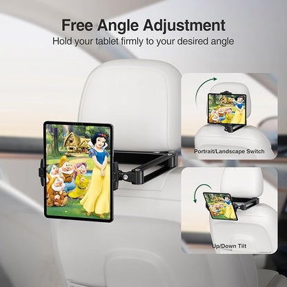 elitehood Headrest Car Tablet Holder - [Long Aluminum Extension Arm] [Ultra-Compact] Foldable iPad Holder for Car Backseat, Road Trip Essentials iPad Back Seat Mount, Tablet Headrest Mount for Kids