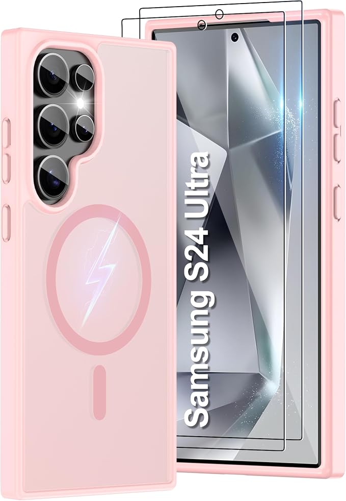For Samsung Galaxy S24 Ultra Case [Compatible with Magsafe] Translucent Matte Magnetic S24 Ultra Phone Case,SlimThin Duty Shockproof Protection Cover with 2pc HD Screen Protector for S24 Ultra-Pink