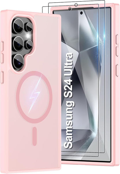 For Samsung Galaxy S24 Ultra Case [Compatible with Magsafe] Translucent Matte Magnetic S24 Ultra Phone Case,SlimThin Duty Shockproof Protection Cover with 2pc HD Screen Protector for S24 Ultra-Pink