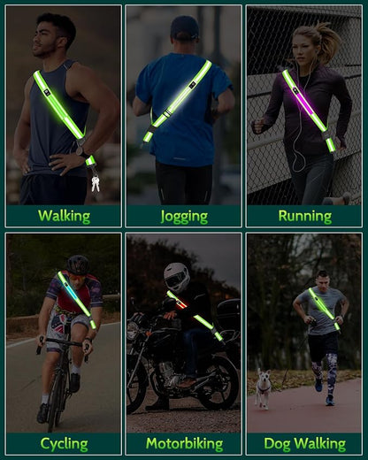 Fitense LED Reflective Belt Sash - 5 Lights Colors & 3 Light Modes High Visibility Night Safety Belt, Rechargeable Light Up Running Gear Adjustable Vest Straps for Runners Walkers Men Women
