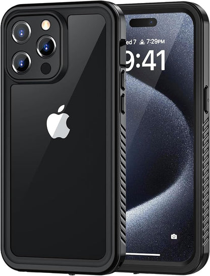 Lanhiem for iPhone 15 Pro Case, IP68 Waterproof Dustproof Shockproof Case with Built-in Screen Protector, Full Body Protective Heavy Duty Phone Case for iPhone 15 Pro - 6.1 inch (Black/Clear)