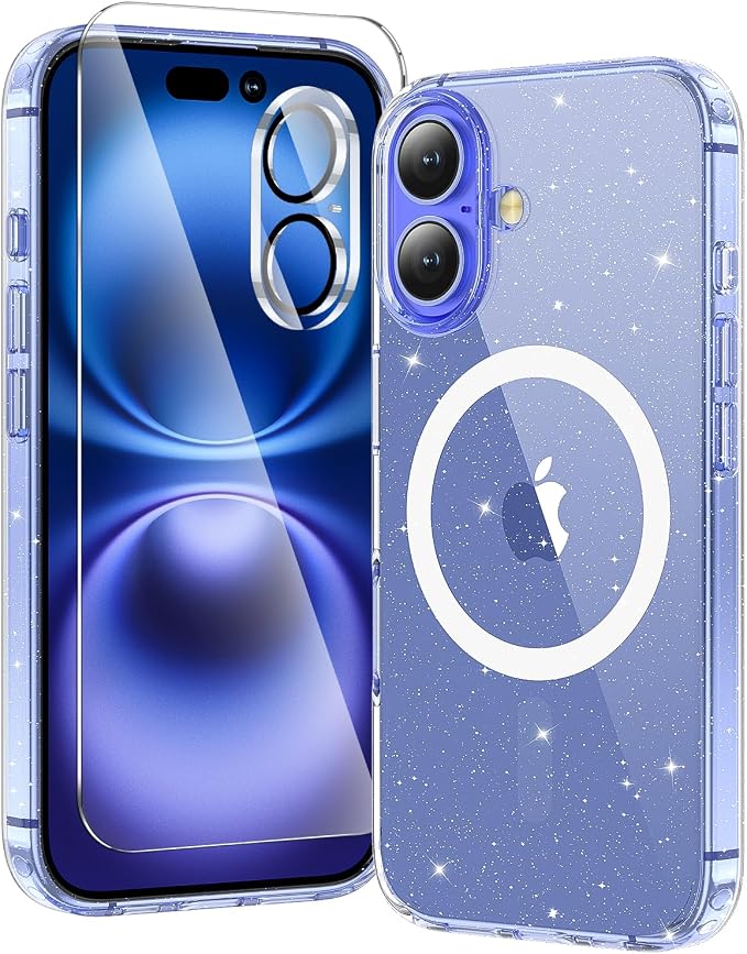 3 in 1 for iPhone 16 Plus Case Clear Glitter | with MagSafe,Screen Protector *1 & Camera Lens Protector*1, Military-Grade Protection