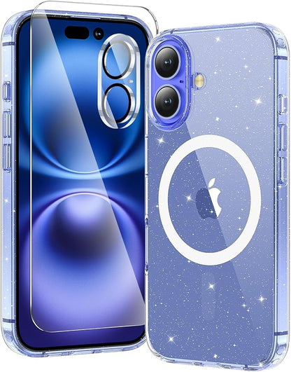 3 in 1 for iPhone 16 Plus Case Clear Glitter | with MagSafe,Screen Protector *1 & Camera Lens Protector*1, Military-Grade Protection