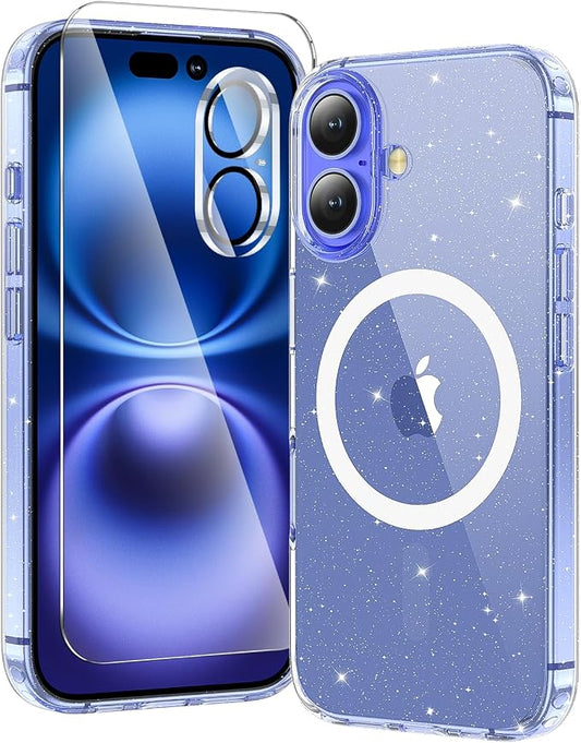 3 in 1 for iPhone 16 Plus Case Clear Glitter | with MagSafe,Screen Protector *1 & Camera Lens Protector*1, Military-Grade Protection