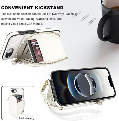 Bocasal Crossbody Wallet Case for iPhone 17e/16e, RFID Blocking PU Leather Zipper Handbag Purse Flip Cover, Kickstand Folio Case with Card Slots Holder Wrist Strap Lanyard 6.1 Inch 5G (White)
