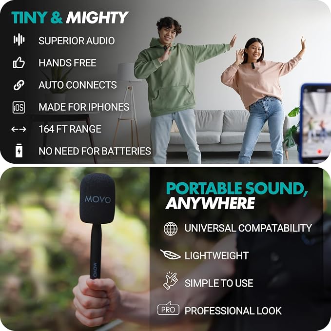 Movo Wireless Mini DI Duo Dual Ultra Compact Wireless Lavalier Microphones for iPhone with Handheld Adapter - Lapel Mic with Handle Mount for Content Creators, Interviews, Reporting and More