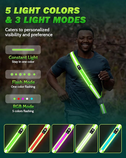 Fitense LED Reflective Belt Sash - 5 Lights Colors & 3 Light Modes High Visibility Night Safety Belt, Rechargeable Light Up Running Gear Adjustable Vest Straps for Runners Walkers Men Women
