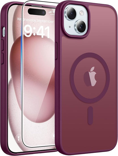 FNTCASE for iPhone 15/14/13 Case, Fit for Magsafe, Glass Screen Protector | Translucent Matte, Magnetic Phone Cases, 14FT Military Grade Drop Protection, Slim Shockproof Protective Cover, Wine Red