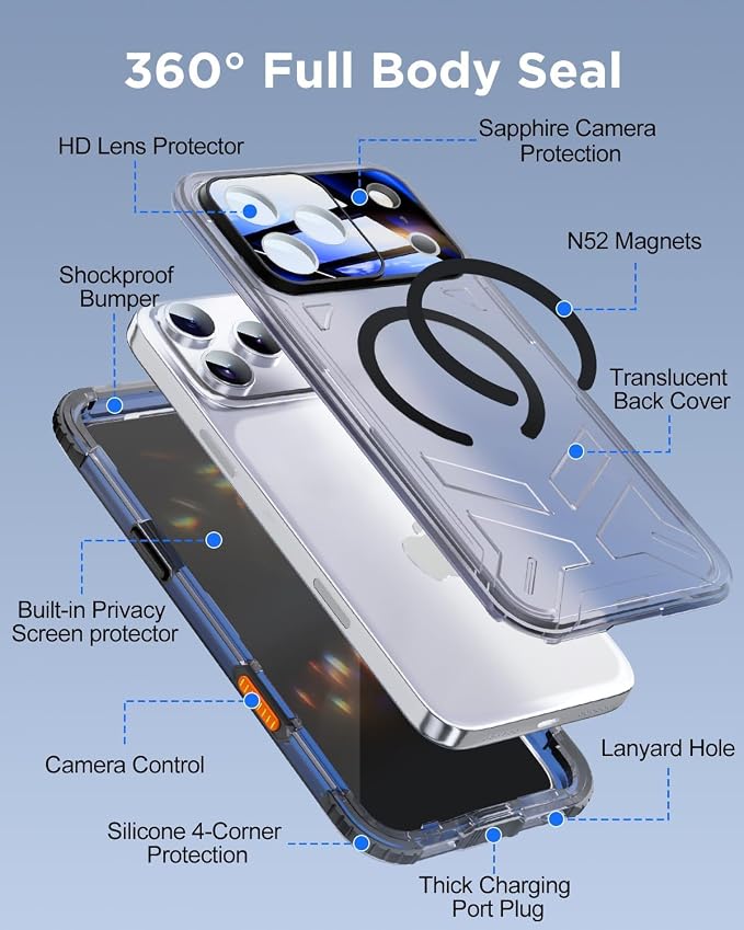 for iPhone 17 Pro Max Waterproof Case with Magsafe, Built-in [Privacy Screen Protector] [Lanyard], IP68 Water Proof Full Body Dustproof Anti-Spy Frosted Protective Phone Cover, 6.9" Black