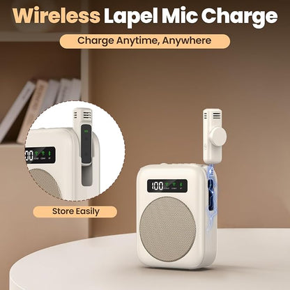 Voice Amplifier with Bluetooth lavalier Microphone, Teacher Bluetooth Amplifier, Portable Voice Amplifier, Clip on Microphone System Bluetooth Speaker - Beige