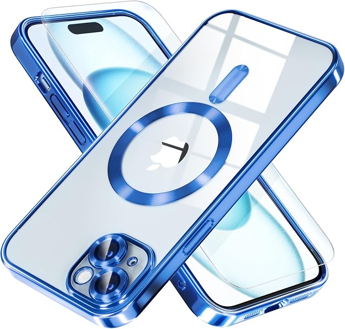 Misea Magnetic for iPhone 15 Case Compatible with MagSafe [Never Yellowing] [Military Grade Drop Protection] Full Camera Lens Protector Plating Soft Clear Phone Case for Women, Deep Blue