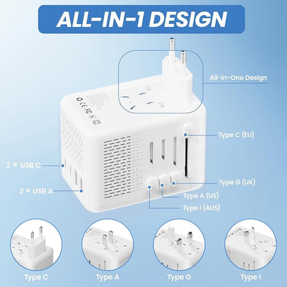Converter for European Travel with AC Socket, 2 USB C & 2 USB A Ports | Specially for Hair Dryers, Compact Voltage Converter US to Europe, 220v to 110v Voltage Converter