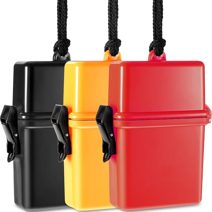 Outus 3 Pcs Waterproof ID Badge Holder Case with Waterproof Buckle Floating Sports Case Locker with Adjustable Hanging Rope Plastic Card Dry Box(Red, Black, Yellow,4.72 x 2.95 x 1.57 in,Classic)