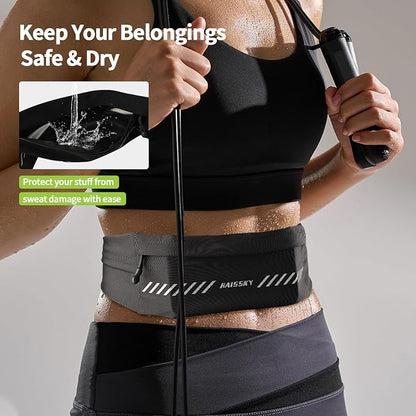Slim Running Belt Fanny Pack for Men Women, Running Phone Holder, Waist Pack Runners Bag Money Belt with 3 Separate Pouch to Store Your Phone Key Money Safe, Waist Bag-Black