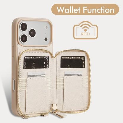 ZVE for iPhone 17 Pro Wallet Case, RFID Blocking Leather Crossbody Phone Purse with Detachable Strap 6.3" Beige