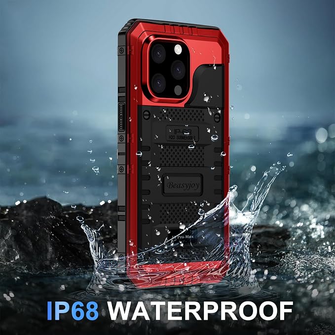 Beasyjoy for iPhone 15 Pro Max Case Waterproof, Metal Heavy Duty Full Body Protective Case with Built-in Screen Protector, Military Grade Shockproof Defender Cover for iPhone 15 Pro Max 6.7", Red