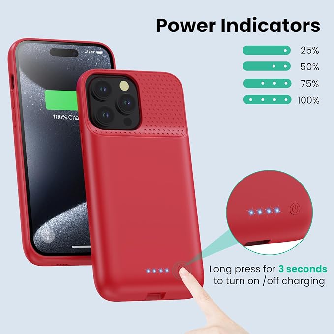 Battery Case for iPhone 15Pro Max, Upgrade 8600mah Portable Slim Battery Charging Case, 15W Fast Charging Rechargeable Protective Extended Charger Cover for iPhone 15 Pro Max (6.7 inch)-Red