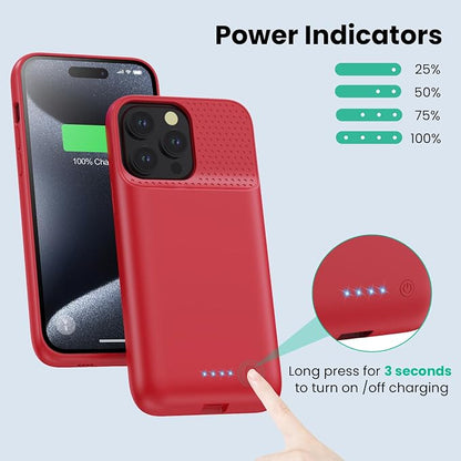 Battery Case for iPhone 15Pro Max, Upgrade 8600mah Portable Slim Battery Charging Case, 15W Fast Charging Rechargeable Protective Extended Charger Cover for iPhone 15 Pro Max (6.7 inch)-Red