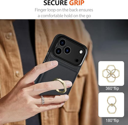 LOHASIC for iPhone 17 Pro Max Case Wallet with Card Holder, 360° Rotation Ring, RFID Blocking, 5 Card Slots, PU Leather 6.9" Cover for Apple 17 Pro Max Men Women, Black