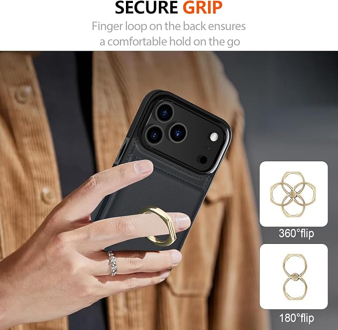LOHASIC for iPhone 17 Pro Case Wallet with Card Holder, 360° Rotation Ring, RFID Blocking, 5 Card Slots, PU Leather 6.3" Cover for Apple 17 Pro Men Women, Black