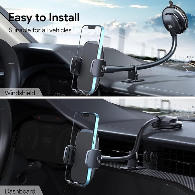 Phone Mount for Car Holder 6.2IN Windshield Dashboard Mounting Kits [Washable Strong Suction Cup] Cell Phone Holder Car Mounts for All iPhone Android Smartphone, Grey