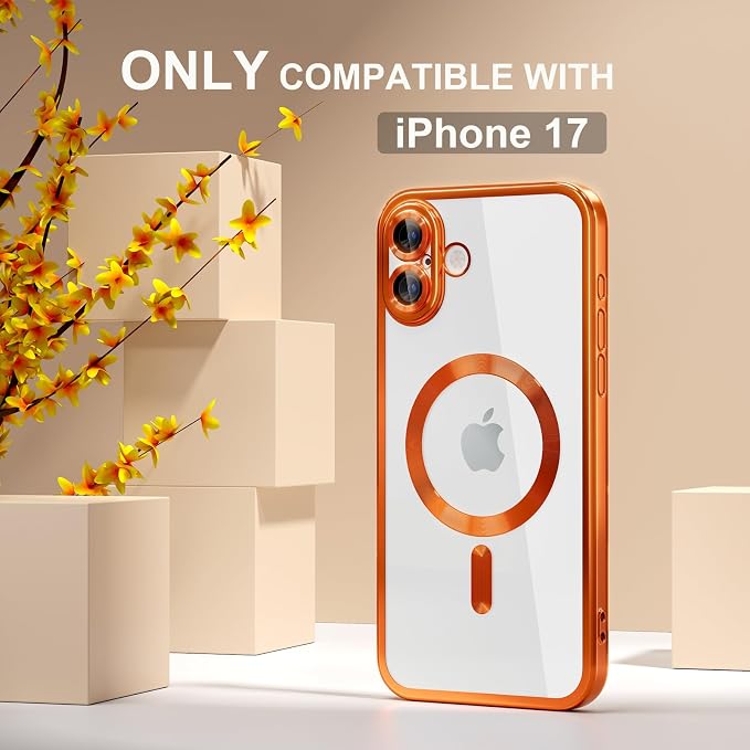 Misea Magnetic for iPhone 17 Case Compatible with MagSafe [Never Yellowing] [Military Grade Drop Protection] Full Camera Lens Protector Plating Soft Clear Phone Case for Women, Cosmic Orange