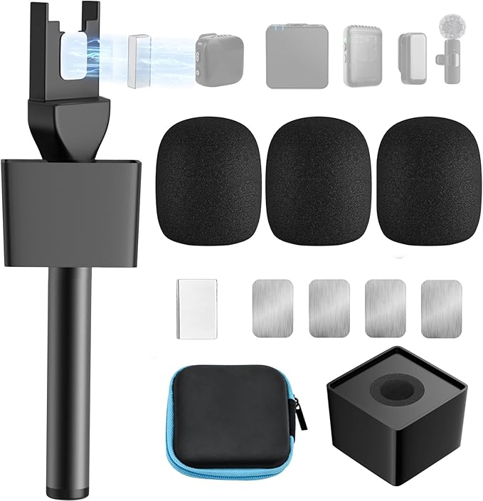 Mic Handle for DJI/DJI Mini/3, Microphone Holder for Rode Wireless GO/Hollyland Lark/Lavalier Mic, Universal Magnetic Mic Stand, Mic Holder with 3 Pop Filter for Vlogging, Interview, Podcast, Reports