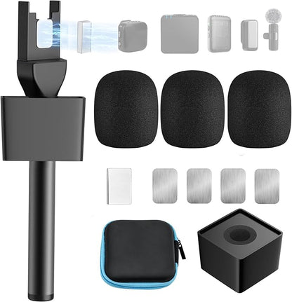 Mic Handle for DJI/DJI Mini/3, Microphone Holder for Rode Wireless GO/Hollyland Lark/Lavalier Mic, Universal Magnetic Mic Stand, Mic Holder with 3 Pop Filter for Vlogging, Interview, Podcast, Reports