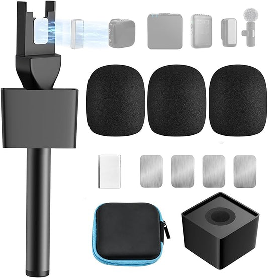 Mic Handle for DJI/DJI Mini/3, Microphone Holder for Rode Wireless GO/Hollyland Lark/Lavalier Mic, Universal Magnetic Mic Stand, Mic Holder with 3 Pop Filter for Vlogging, Interview, Podcast, Reports