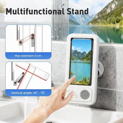 Shower Phone Holder with Wireless Bluetooth Speaker, Waterproof Shower Phone Case for Any Phone, Hands-Free Bathroom Entertainment, Play Music and Take Calls (White)