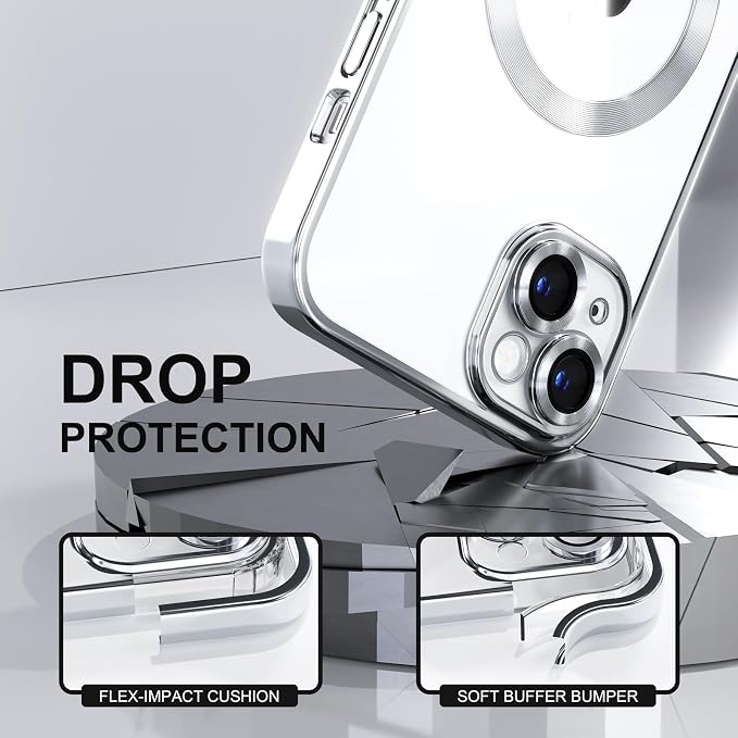 Misea Magnetic for iPhone 14 Plus Case Compatible with MagSafe [Never Yellowing] [Military Grade Drop Protection] Full Camera Lens Protector Plating Soft Clear Phone Case for Women Girls, Silver