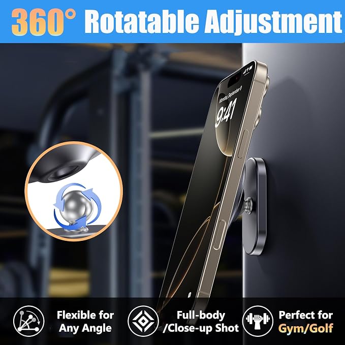 Magnetic Phone Holder for Gym:【Strong Magnets】 Gym Golf Accessories Essentials for Men/Women, Dual Magnetic Phone Mount with Alloy Base Stand for Magsafe iPhone 12-17 Series ＆ Android