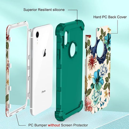 Hocase for iPhone XR Case, Heavy Duty Shockproof Protection Soft Silicone Rubber+Hard Plastic Bumper Hybrid Dual Layer Protective Case for iPhone XR (6.1-inch Display) 2018 - Teal Flowers
