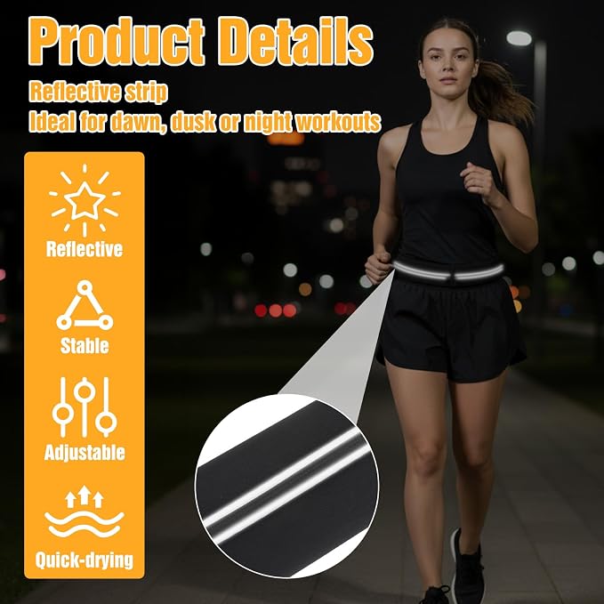Slim Running Belt with 2 Pockets for women & Men,Runners Fanny Pack Phone Holder,Reflective Fanny Pack,Running Gear Accessories with Buckle(Black)
