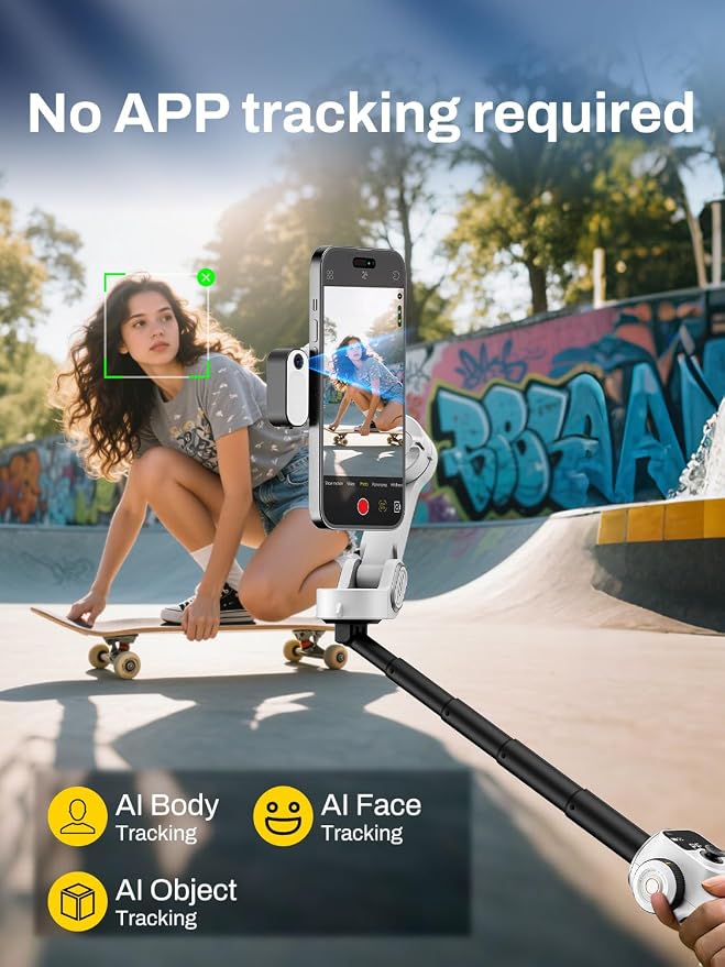 AOCHUAN Smart P2 Magnetic Gimbal Stabilizer for iPhone w/ 2-in-1 Fill Light & AI Tracking Sensor, Face Tracking No App Required, 3-Axis Phone Stabilizer w/Built-in Extension Rod, for Video Recording