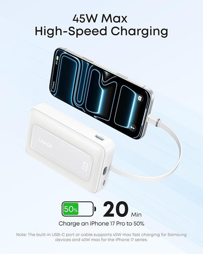 Anker Zolo Power Bank, 20,000mAh 45W Max Fast Portable Charger with Built-in USB-C Cable, USB C&A, 40W Battery Pack for iPhone 17 Series, MacBook, Samsung, and More (Charger Not Included)