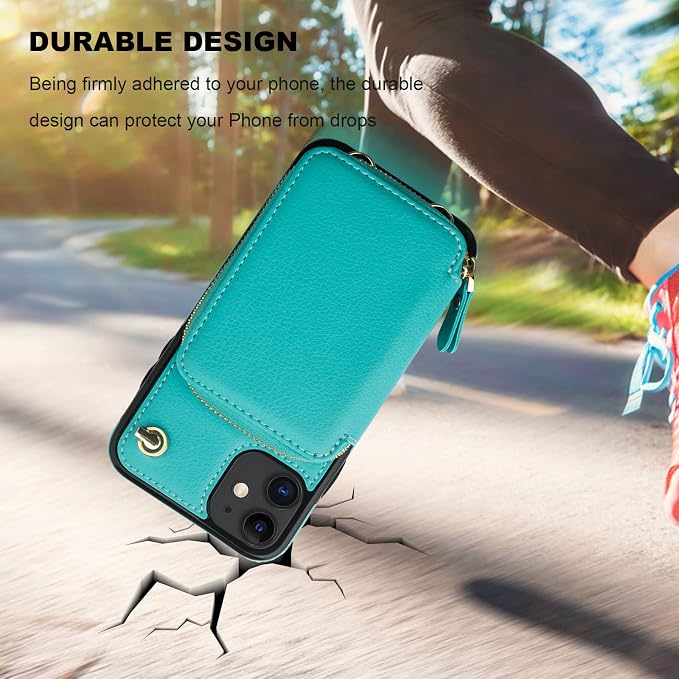 Bocasal Crossbody Wallet Case for iPhone 11, RFID Blocking Leather Purse Case with Card Holder, Protective Handbag Flip Cover with Zipper Wrist Strap Lanyard for Women 6.1 Inch (Mint Green)