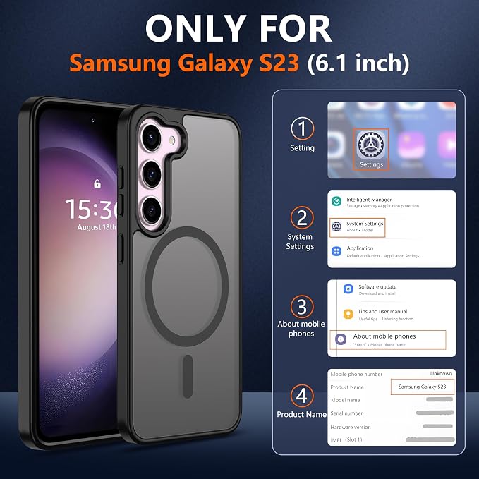Pilaru for Samsung Galaxy S23 Case [Compatible with Magsafe] Translucent Matte Magnetic S23 Phone Case,SlimThin Duty Shockproof Protection Cover with 2pc HD Screen Protector for S23-Black
