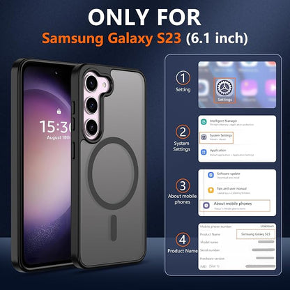 Pilaru for Samsung Galaxy S23 Case [Compatible with Magsafe] Translucent Matte Magnetic S23 Phone Case,SlimThin Duty Shockproof Protection Cover with 2pc HD Screen Protector for S23-Black