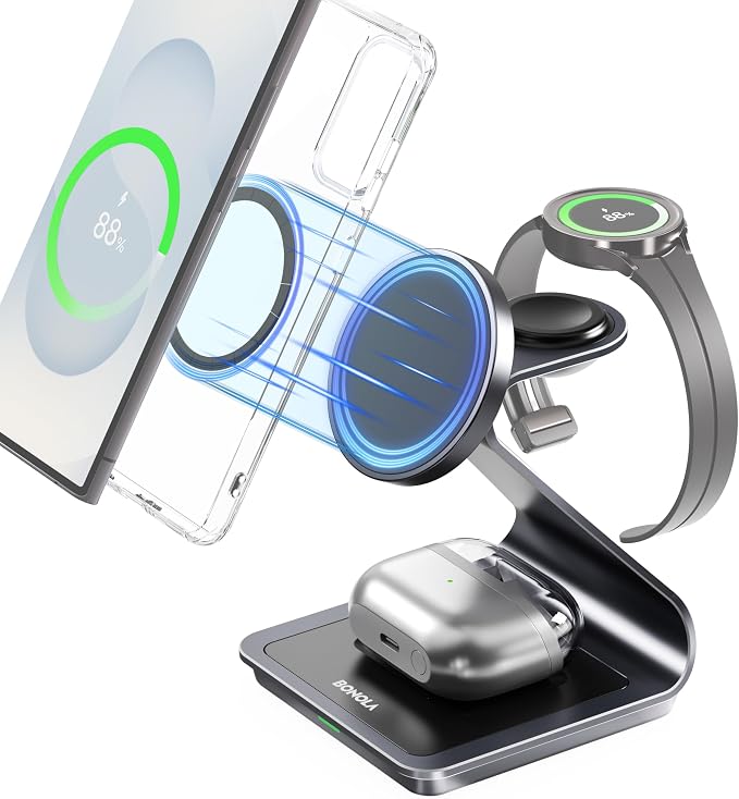Wireless Charger for Samsung: Magnetic 3 in 1 Wireless Charging Station for Samsung S26 S25 S24 Ultra S23 S22, Aluminum Alloy Charger Dock Stand for Galaxy Watch Ultra 8/7/6/5/4, for Buds
