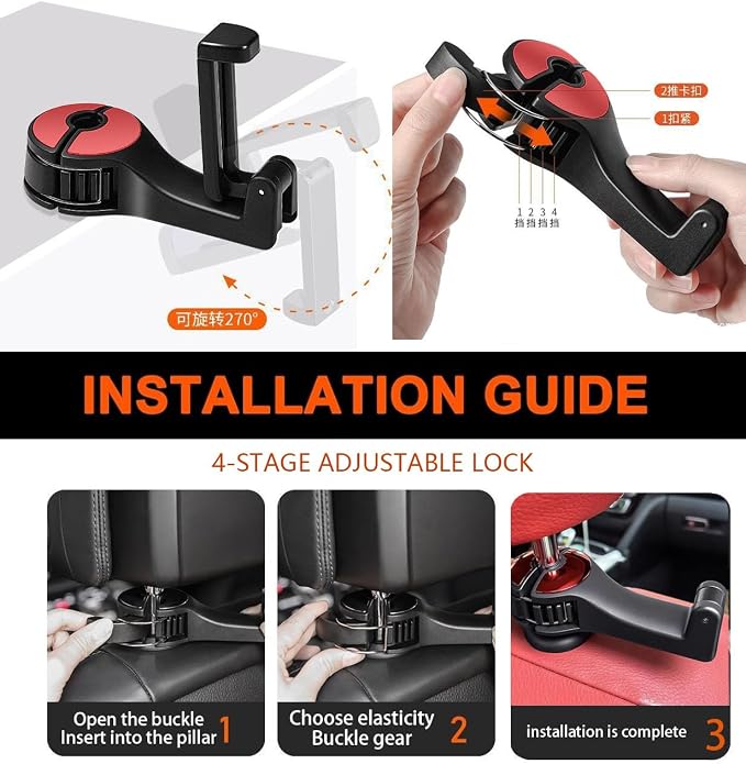 Upgraded 2 Pack Car Headrest Hidden Hook 2 in 1 Car Seat Hooks with Phone Holder for Purses and Bags, Universal 360° Rotation Headrest Hooks Purse Holder for Car, Car Purse Hook Holder (red)