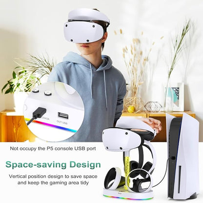 FASTSNAIL Charging Stand for PlayStation VR2, Multifunction Vertical PS VR2 Headset & Sense Controllers Charge Dock Station with 10 RGB Light Modes of Memory, for PS5 VR2 Accessories (RGB Base)